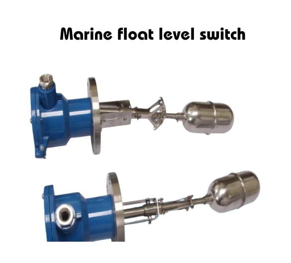 Marine float level switch with blue housing and stainless steel float mechanism, used for monitoring liquid levels in marine applications